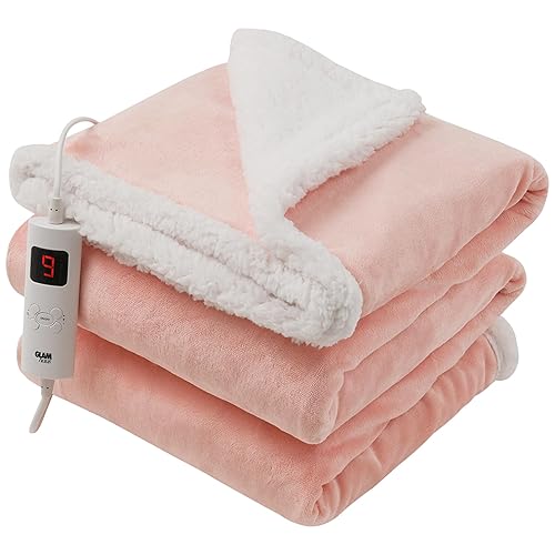 GlamHaus Heated Throw Electric Light Pink Fleece Over Blanket Sofa Bed Large 160 X 130cm - 9 Heat and 9 Timer Auto Shut Off - Soft Reversible - Digital Control - Machine Washable (Light Pink) - 160cmx130cm - Light Pink
