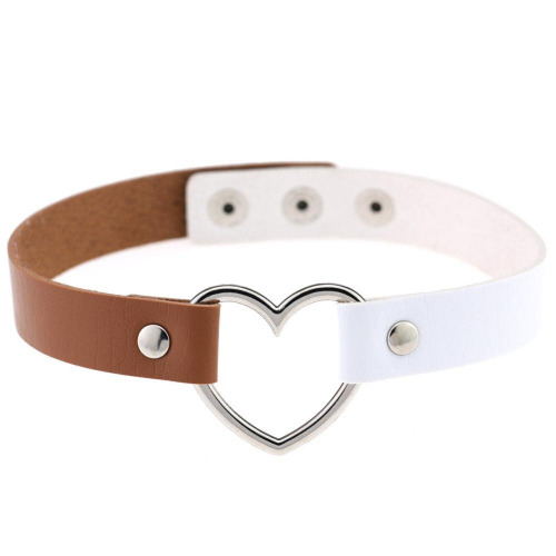 Vegan Leather Heart Collar - White / Brown