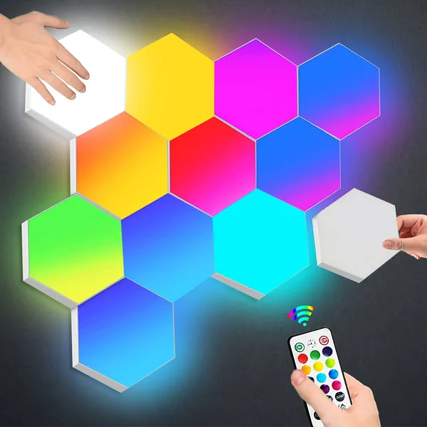 Hexagon Lights with Remote Control, Smart LED Wall Light Panels Touch-Sensitive RGB Gaming Night Lights Mood Lightning DIY Geometry Splicing Module for Gaming Setup/Home Bar Party Decor, 6 Pack