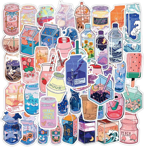 50Pcs Kawaii Cartoon Beverage Stickers Aesthetic Trendy Stickers Laptop Water Bottles Phone Skateboard Computer Cute Summer Flavored Drink Vinyl Sticker Waterproof Decal for Teens Boys Girls Adults