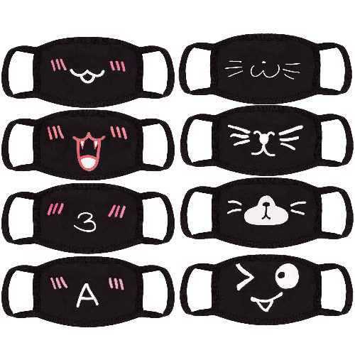 SAVITA 8 Pack Fashion Anime Mouth Mask Cute Unisex Anti-Dust Bear Face Mask for Kids Adults, Windproof Motorcycle Face Emoticon Masks for Ski Cycling Camping Black