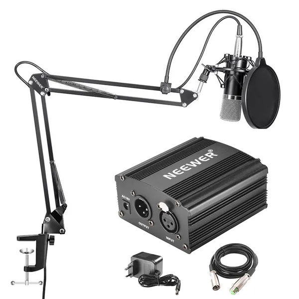 Neewer NW-700 Microfono a Condensatore & NW-35 Stand Asta di Sospensione Braccio a Forbici con Cavo XLR Incorporato e Serratura da Tavolo & Alimentazione 48V Phantom con Adattatore