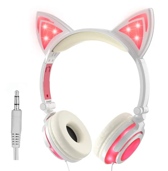 Olyre Cuffie Auricolari con Orecchio Cat Headsets, Headphones Ricaricabili per Bambini Earphones (Rosa)
