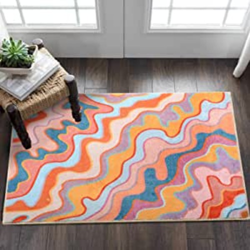 YoKii Vintage Abstract Small Area Rug 2x3 Faux Wool Hippie Aesthetic Colorful Striped Geometric Non-Slip Bathroom Rubber Backed Throw Rug for Kitchen Entryway Indoor Doormat, Orange and Blush - 2'x 3' Orange and Blush