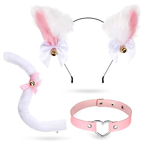 WILLBOND 3 Pieces Valentine's Day Cat Ear Fox Hairband Set, Includes Cat Ear Headband Heart Choker and Cat Tail with Bells for Women Girls Halloween Cosplay Costume Anime Dress - White, Pink