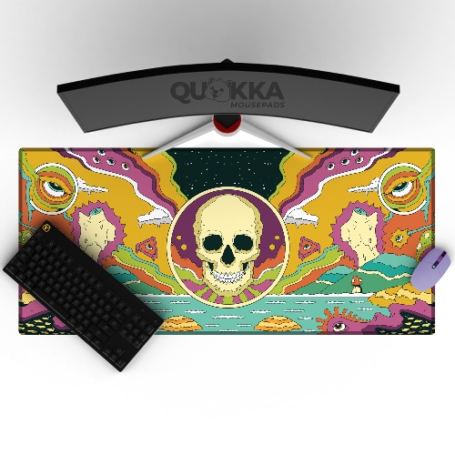 Psychedelic Skull Eyes and Mushrooms Design Mousepad Deskmat - 120x60cm / 4mm / Black Stitched