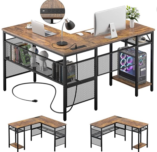 Unikito L Shaped Desk with USB Charging Port and Power Outlet, Reversible L-Shaped Corner Computer Desks with Storage Shelves, Industrial 2 Person Gaming Table Modern Home Office