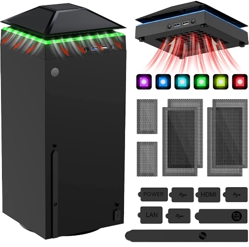 Cooling Fan Dust Proof for Xbox Series X Console with Colorful Light Strip,MENEEA Dust Cover Filter,Rubber Dust Plugs,Low Noise Top Fan with 3 Gears,Cooler&Light Independent Touch Switch, 2 USB Port 