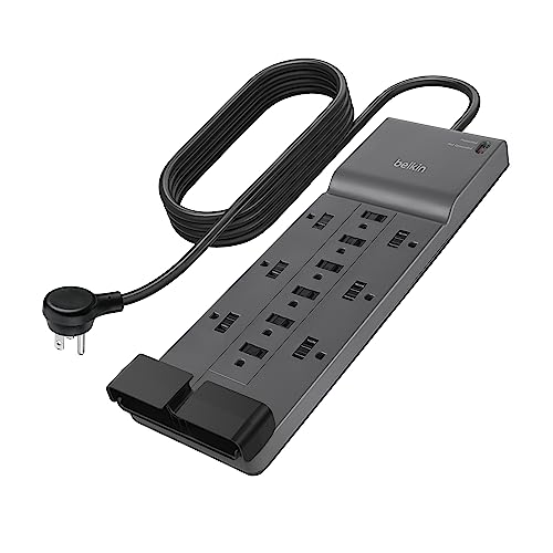 Belkin 12-Outlet Surge Protector Power Strip w/ 12 AC Outlets & 8ft Flat Plug, UL-listed Heavy-Duty Extension Cord for Home, Office, Travel, Computer, Laptop, Charger - 3,940 Joules of Protection - 1 Pack - New Version
