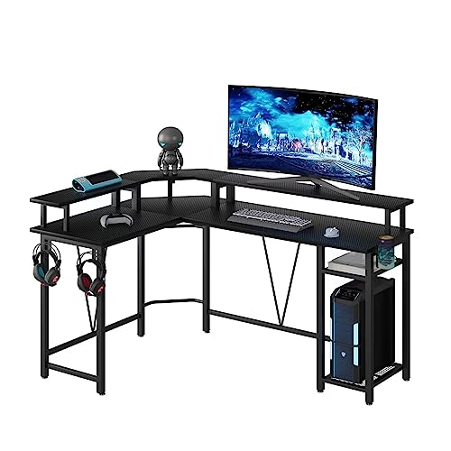 TREETALK Computer desk, L-shaped Gaming Desk with Extra-Large Monitor Stand,Corner Desk with 2-Layer Storage Shelf Hooks and Cup Holder Writing Table for Office Home (Black Carbon Fiber) - Black Carbon Fiber