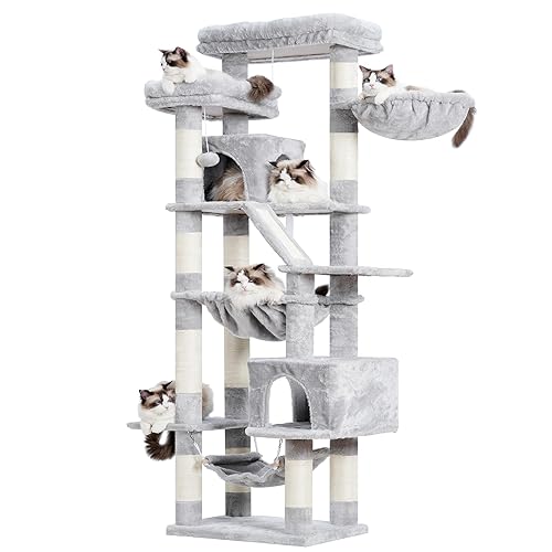 Heybly Cat Tree，71-Inch Tall Tower for Indoor Cats with 2 Perches, 2 Big Condos, 2 Hammocks, Basket, Scratching Pad，Large Cat Furniture and Condo, Light Gray HCT034W - Light Gray