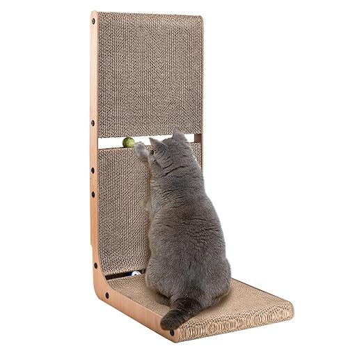AUSCAT Cardboard Cat Scratcher, Vertical Cat Scratchers for Indoor Cats, 69 cm L-Shape Cat Scratch Pad with Two Build-in Toy Balls - L-shape Cat Scratcher