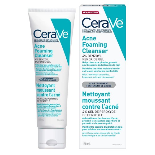 CeraVe 4% Benzoyl Peroxide ACNE Treatment Foaming Cleanser Face & Body Wash, with Hyaluronic Acid and Niacinamide. Helps Clear Acne Pimples and prevent breakouts. Gentle Gel, Fragrance-Free, 150ML - Foaming Cleanser