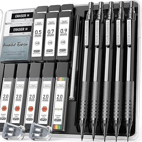 Four Candies Metal Mechanical Pencil Set, 3PCS Art Drafting Pencils 0.5, 0.7, 0.9MM & 2PCS 2MM Mechanical Drawing Pencils with 420PCS Leads (4B 2B HB 2H Color) for Writing Sketching Drawing (Black) - Black