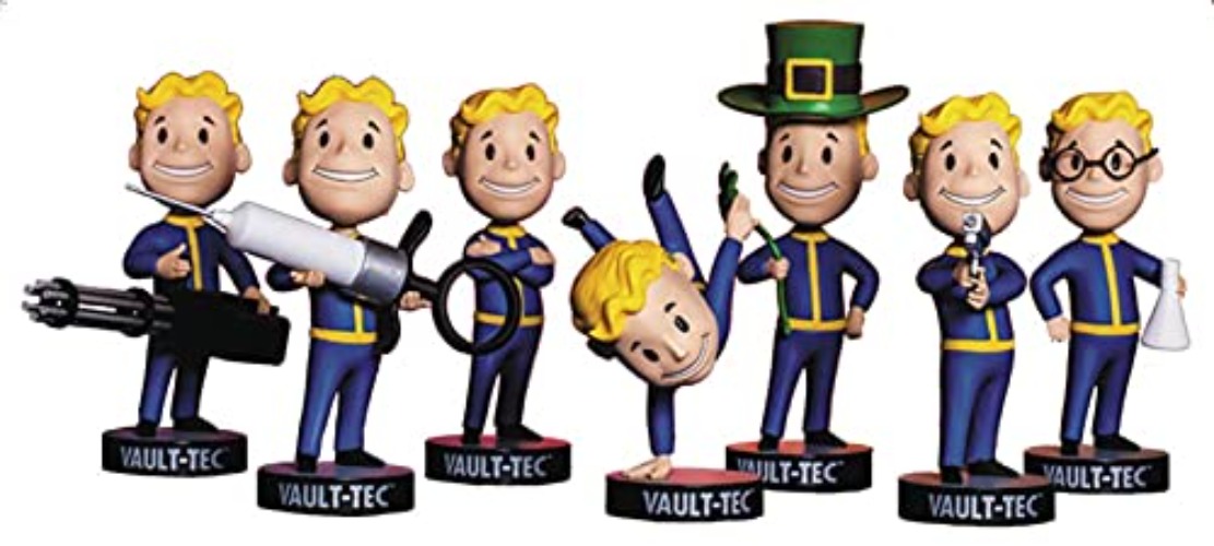 Gaming Heads Fallout Vault Boy 111 Bobbleheads Vault-Tec Complete Series 3 -Agiility, Arms Crossed, Big Guns, Luck, Medicine, Science & Small Guns, Blue, Yellow