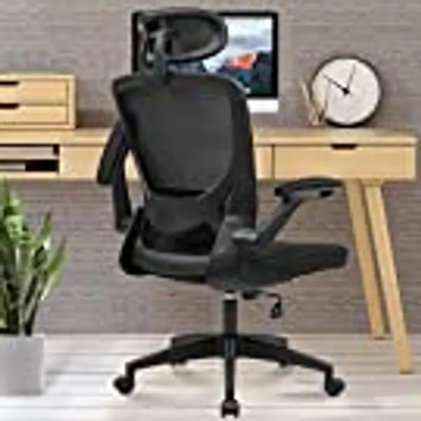 KERDOM Ergonomic Office Chair, Breathable Mesh Desk Chair, Lumbar Support Computer Chair with Headrest and Flip-up Arms, Swivel Task Chair, Adjustable Height Gaming Chair(Black)