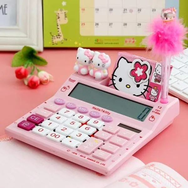 RTTRY Cute Cartoon 3D Pink Kitty Desktop Solar Dual Power Calculator 12 Digital Kawaii Calculator for School Office with Notepad Hello (Color : Pink) - Pink