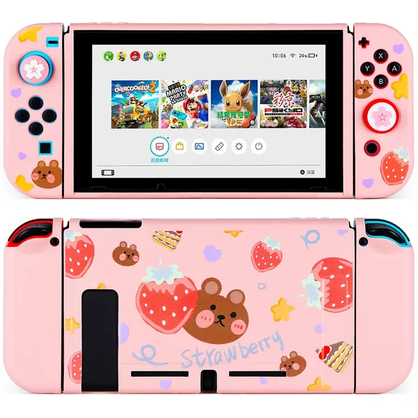 Tscope Dockable Protective Case for Nintendo Switch, Cute Kawaii Soft TPU Cover for NS Console and Joy-Con Controllers, with Tempered Glass Screen and 2 Thumb Grips Caps (Strawberry Bear Pink) - Strawberry Bear Pink