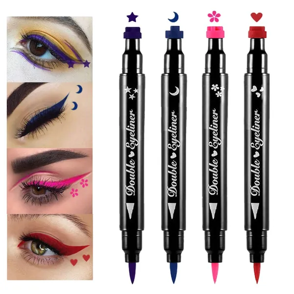 evpct 4 in 1 Stars Flowers Hearts Moon Face Stamps Eyeliner Makeup Set,Purple Blue Red Pink Star Heart Colored Liquid Winged Eyeliner Stamps Wingliner Star Shapes Eye Liner Wing Eyeliner Stamp Tool 2 - 4 Count (Pack of 1) Purple Blue Red Pink