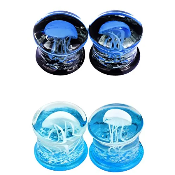Stuppendux 4 Style 2Set Color Ocean Jellyfish Glass Double Flared Ear Plugs Tunnels Expander Stretching Kit Gauge 0g-5/8 8-16mm
