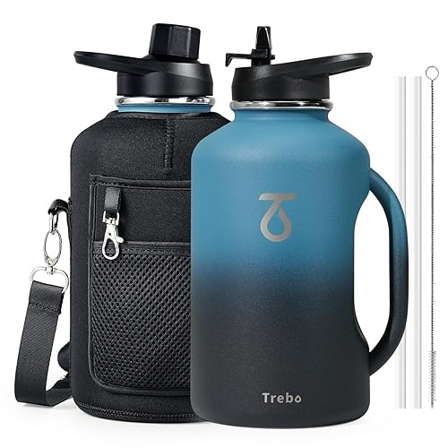 Trebo Half Gallon Water Bottle 64oz with Handle,Double Wall Vacuum Insulated Large Water Jug,Stainless Steel Water Bottle Flask,Gym Water Bottles For Men with Straw Spout Lids Strap,Indigo Black - 64 Ounces - Indigo Black