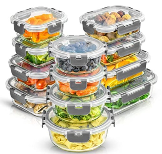 JoyJolt JoyFul 24pc Borosilicate Glass Storage Containers with Lids. 12 Airtight, Freezer Safe Food Storage Containers, Pantry Kitchen Storage Containers, Glass Meal Prep Container for Lunch - Color Grey