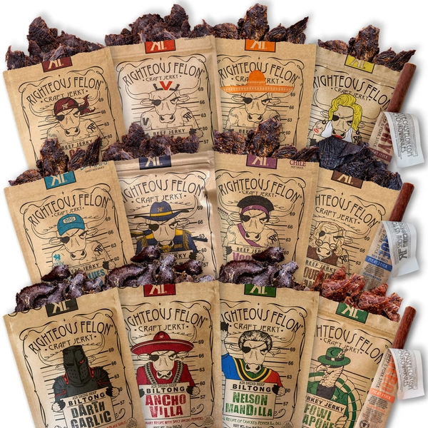Righteous Felon Beef Jerky Variety Pack, Jerky and Beef Stick Sampler - Gluten Free, High Protein, Low Sugar, Low Calorie Healthy Snacks Bundle - The Whole Shebang
