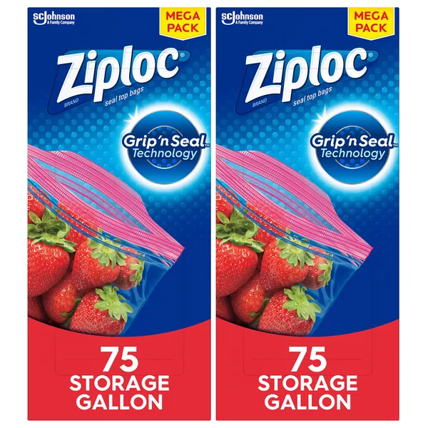 Ziploc Gallon Food Storage Bags, Grip 'n Seal Technology for Easier Grip, Open, and Close, 75 Count, Pack of 2 (150 Total Bags)