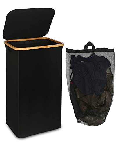 efluky Large Laundry Basket with Lid, 100L Tall Laundry Basket with Bamboo Handles for Clothes and Toys Storage, Freestanding Collapsible Laundry Hamper with Inner Bag for Bedroom and Bathroom, Black - Black
