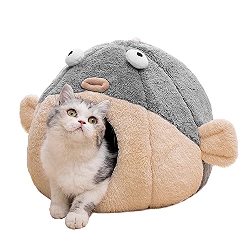 Cat Beds for Indoor Cats - Cat Bed Cave with Removable Washable Cushioned Pillow, Soft Plush Premium Cotton No Deformation Pet Bed, Lively Pufferfish Cat House Design, Grey, Multiple Sizes(L) - Large - Grey