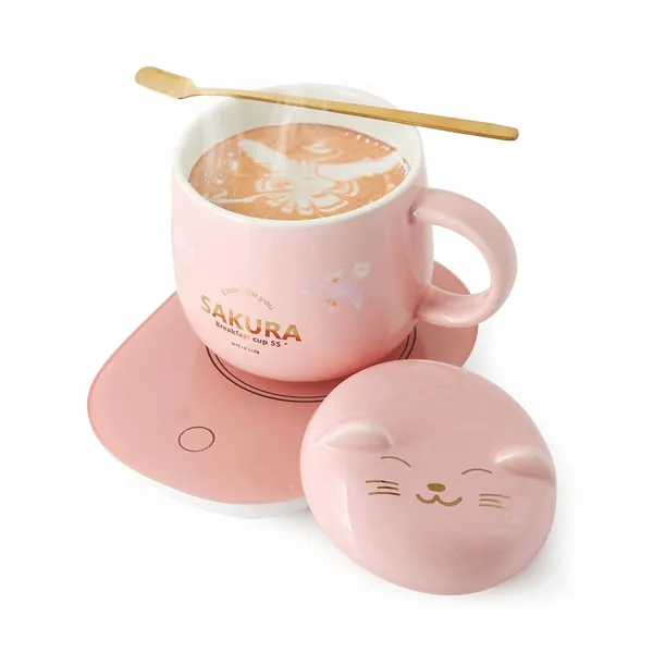 Coffee Warmer with Mug - Cute Coffee Cups Cat Mug Cup Warmer Mug Warmer for Desk Coffee Cup for Women Smart Coffee Mug Warmer Coffee Mug Warmer is The Gift with Gift Box Pink - Pink