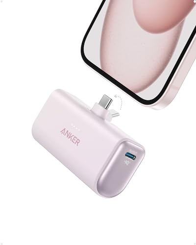 Anker Nano Power Bank with Built-in Foldable USB-C Connector, 5,000mAh Portable Charger 22.5W, for iPhone 15/15 Plus/15 Pro/15 Pro Max, Samsung S22/23 Series, Huawei, iPad Pro/Air, AirPods, and More - Lilac purple