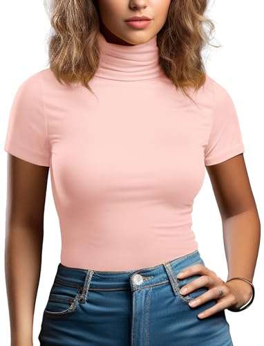 Long Sleeve Turtleneck Women Strech/Short Sleeve High Neck Tops Fitted Tee Shirt - X-Large - 019-blush Pink