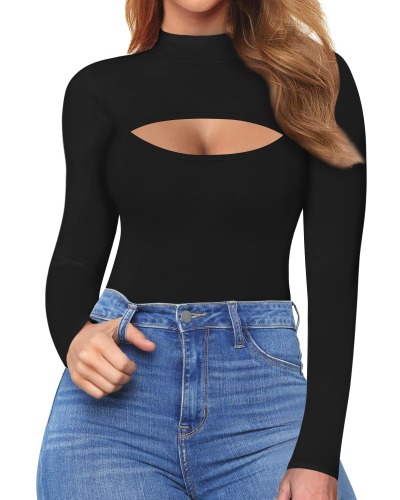 ALGALAROUND Cutout Tops for Women Bodycon Mock Turtleneck Short Sleeve Long Sleeve T-Shirt - XX-Large A Long Sleeve Black
