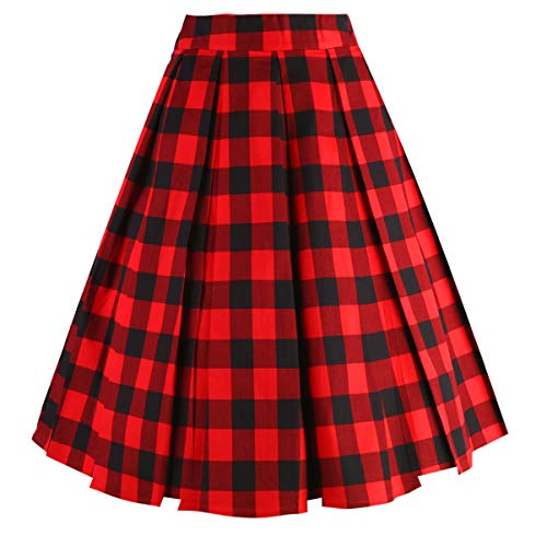 OBBUE Dresstore Vintage Pleated Skirt Floral A-line Printed Midi Skirts with Pockets - XX-Large - Black-red-plaid