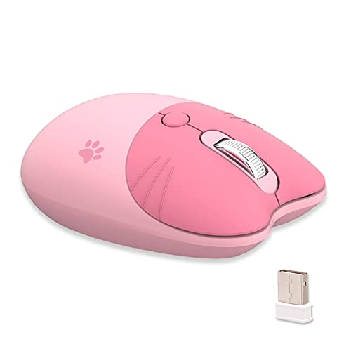 Lomiluskr Cute Cat Wireless Mouse, Lightweight Soundless Mouse, 2.4G Wireless Mice, Candy Colors, Kawaii Mouse for Girls and Kids (Pink) - Pink Cat