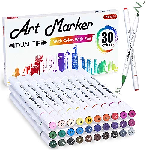 Shuttle Art 30 Colors Dual Tip Art Markers Permanent Marker Pens Highlighters Perfect for Illustration Adult Coloring Sketching and Card Making - 30 Colors
