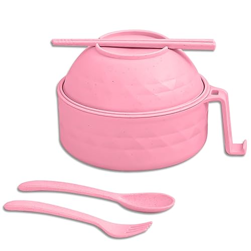 Microwave Ramen Bowl,6-Piece Set Ramen Bowl Set,Ramen Noodle Cooker with Lid and Handle,Ramen Noodles Bowl, Ramen Cooker Microwave,Comes with Spoon And Fork For Home Office Dorm Room College (Pink) - Pink