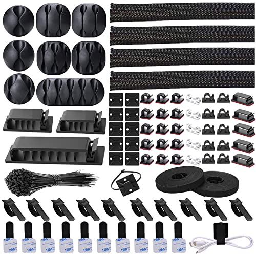 192 PCS Cable Management Kit 4 Wire Organizer Sleeve,11 Cable Holder,35Cord Clips 10+2 Roll Cable Organizer Straps and 100 Fastening Cable Ties for Computer TV Under Desk