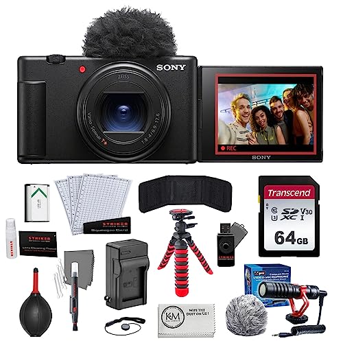 Sony ZV-1 II Digital Camera | Black Bundled with NP-BX1 Battery + 12" Tripod + Battery Charger + 64GB Memory Card + Cleaning Cloth + Micro Microphone + Photo Starter Kit (11 Pieces) (8 Items) - Black - Deluxe Accessory Bundle