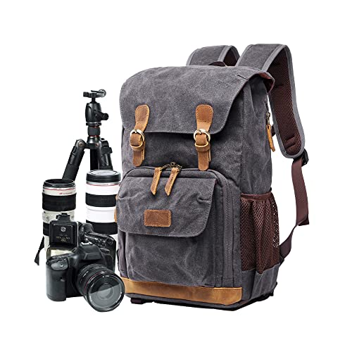 YUHAN Camera Bag, Canvas SLR DSLR Camera Backpack Large Capacity Front Open Waterproof Anti-shock Camera Rucksack Camera Travel Bag Professional Camera Lens Organizer Gray - Gray