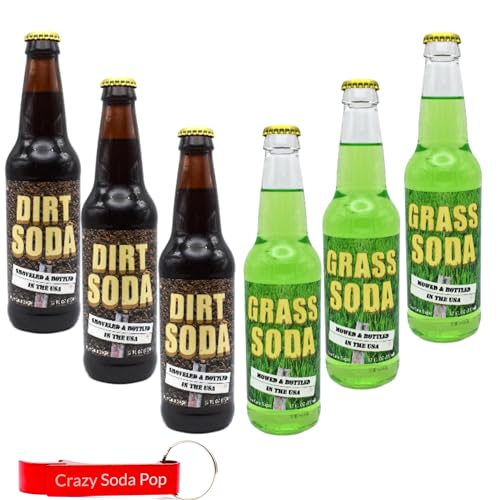 Generic Dirt and Grass Soda Variety Pack| 6 Pack of 2 Unique Flavors of Soda Pop with Real Cane Sugar | 12 oz Glass Bottles in a Mixed 6 Pack Sampler with Crazy Soda Pop Bottle Opener (6 pack) - Grass and Dirt - 6 pack