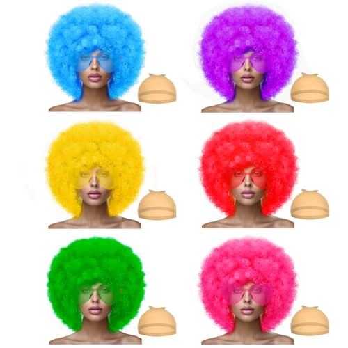 Short Bob Colored Wigs with Bangs,6 Pcs Fruit Beach Series Set Cosplay Wig with Rimless Heart Shape Sunglasses, Hairpieces for Neon Halloween Costume Wig Bachelorette Party Decorations (6 Pack Afro) - 6 Pack Afro
