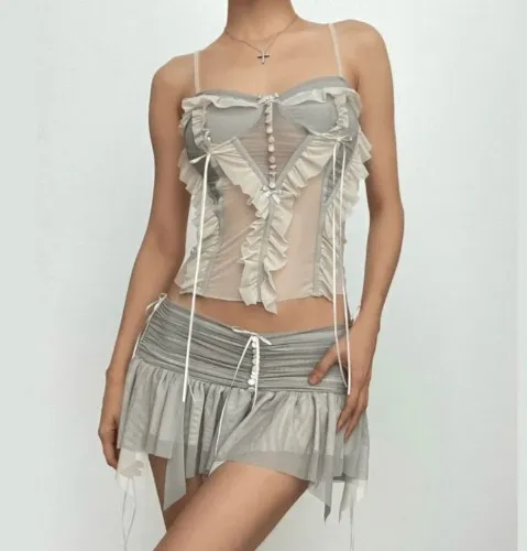 Mesh patchwork ruffle button contrast backless cami ruched skirt set | Grey / Top / S