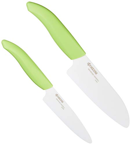 Kyocera Revolution 2-Piece Ceramic Knife Set: Chef Knife For Your Cooking Needs, 5.5" Santoku and 4.5" Utility Knife, White Blades with Green Handles, White/Green - 5.5" and 4.5" - White