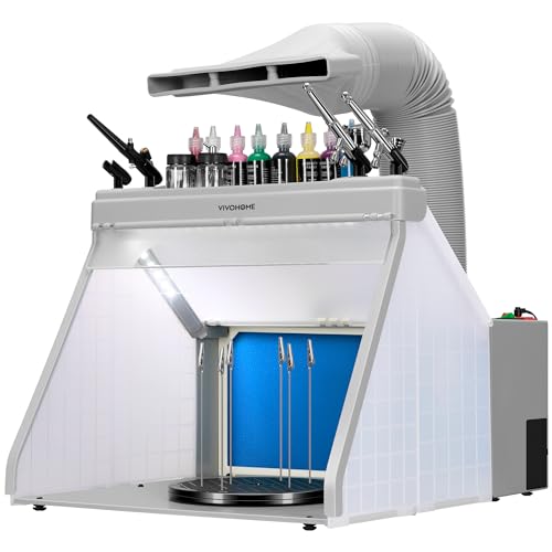 VIVOHOME Portable Airbrush Paint Spray Booth Kit with 3 LED Lights, Paint and Spray Gun Racks, Turn Table and Filter Hose Airbrush Booth for Painting Model Craft Model Craft - White with Racks