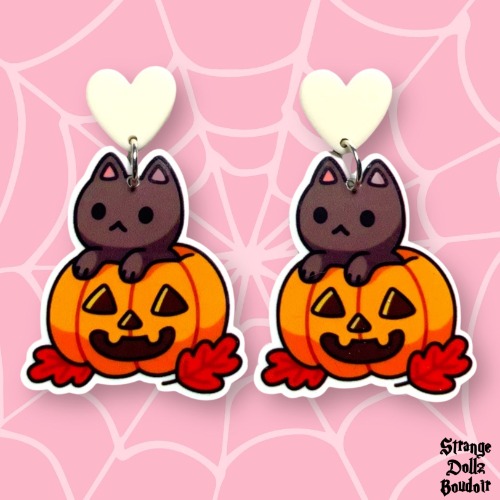 Cute cat and pumpkin earrings, 925 sterling silver, Halloween, Cute pastel, Strange Dollz Boudoir