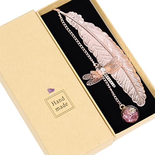 Metal Feather Bookmark with Gift Box, Vintage Book Mark with 3D Dragonfly and Dried Flower Glass Bead Pendant, Mother's Day Gifts for Book Lovers Women, Teachers, Kids (Pink) - Rosegold Feather Pink Ball