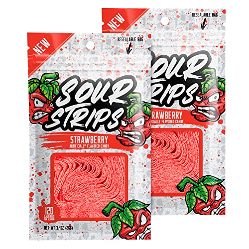 Sour Strips Flavored Sour Candy Strips, Deliciously Sour Chewy Candy Belts, Vegetarian Candies, 2 Pack (Strawberry (2 Pack)) - Strawberry (2 Pack)