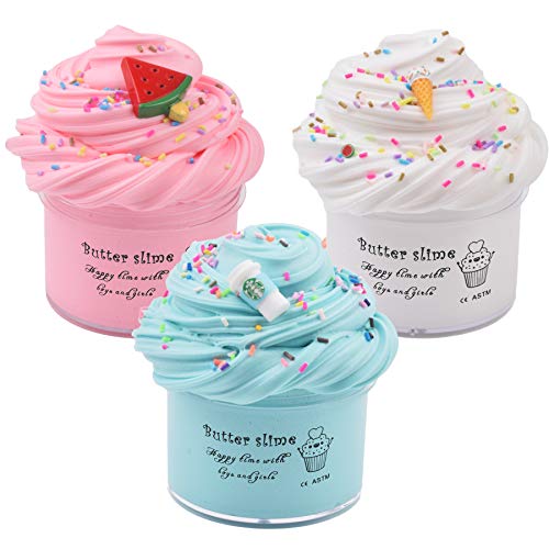 WUHUANIU Scented Slime Kit with 3 Pack Butter Slime,Pink Watermelon,White Ice Cream and Ocean Coffee for Girls and Boys,Super Soft and Non Sticky DIY Surprise Slime(3x100ml) - Blue,pink,white